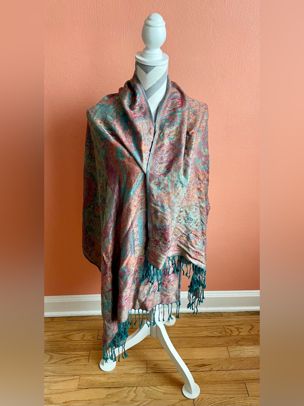 pashmina Teal and Coral Paisley Cashmere Shawl with Fringe